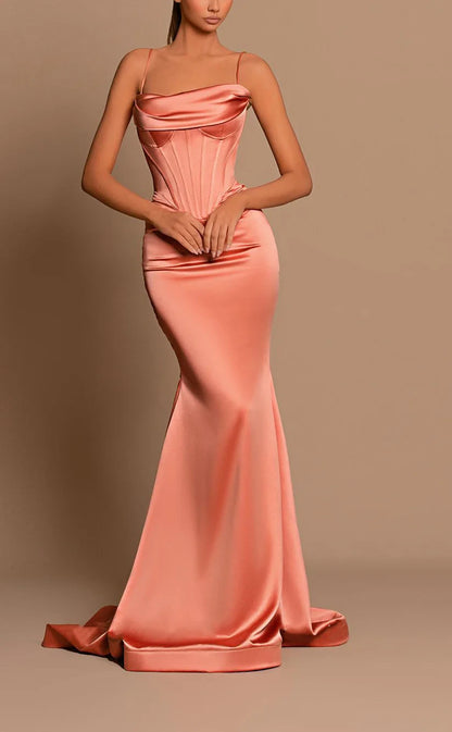RP1772-New Orange Mermaid Spaghetti Pleated Sleeveless Satin Prom Evening Dresses Formal Party Gowns With Train