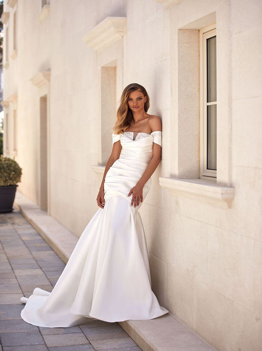 Simple Mermaid Wedding Dresses Sweetheart Pleated Beads Cap Sleeves Satin Bridal Gowns Custom Made With Sweep Train