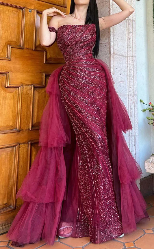RP827-Sparkling Mermaid Off-the-Shoulder Sequins Cap Sleeves Long Prom Evening Dresses Formal Party Gowns With Detachable Train