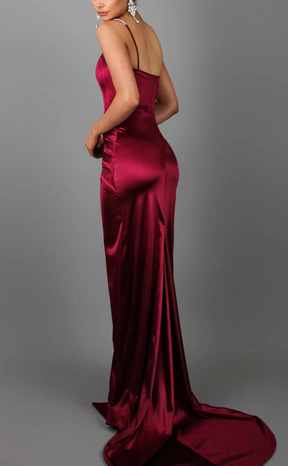 RP1797-Elegant Burgundy Mermaid Spaghetti Ruched Sleeveless Satin Prom Evening Dresses Formal Party Gowns With Slit