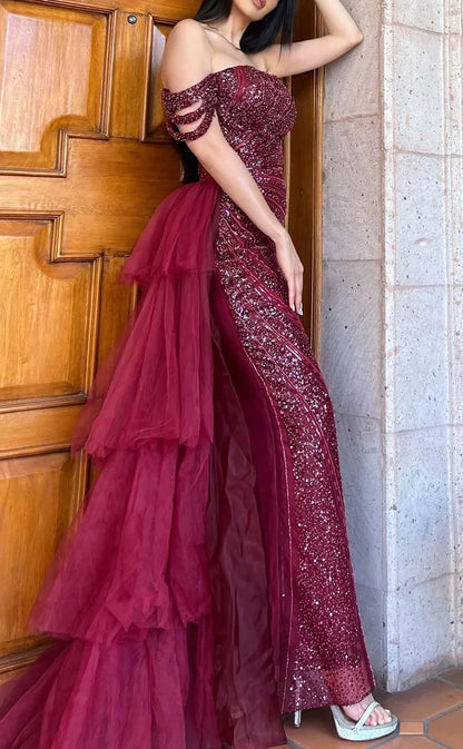RP827-Sparkling Mermaid Off-the-Shoulder Sequins Cap Sleeves Long Prom Evening Dresses Formal Party Gowns With Detachable Train