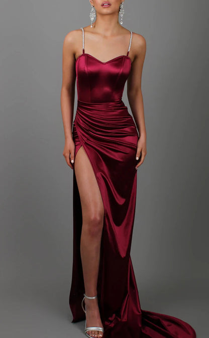 RP1797-Elegant Burgundy Mermaid Spaghetti Ruched Sleeveless Satin Prom Evening Dresses Formal Party Gowns With Slit