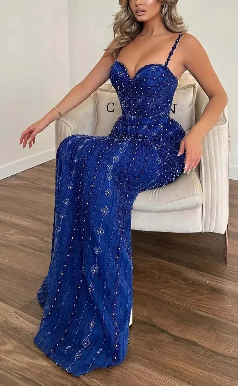 RP828-Sparkling Black Mermaid Spaghetti Sequins Beads Sleeveless Long Prom Evening Dresses Formal Party Gowns