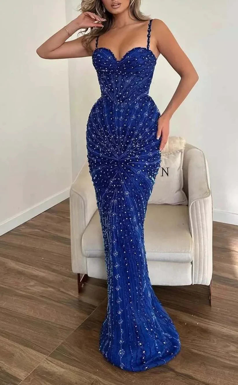 RP828-Sparkling Black Mermaid Spaghetti Sequins Beads Sleeveless Long Prom Evening Dresses Formal Party Gowns