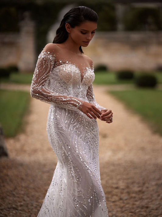 Sparkling Mermaid Wedding Dresses Scoop Sequins Long Sleeves Tulle Bridal Gowns Custom Made