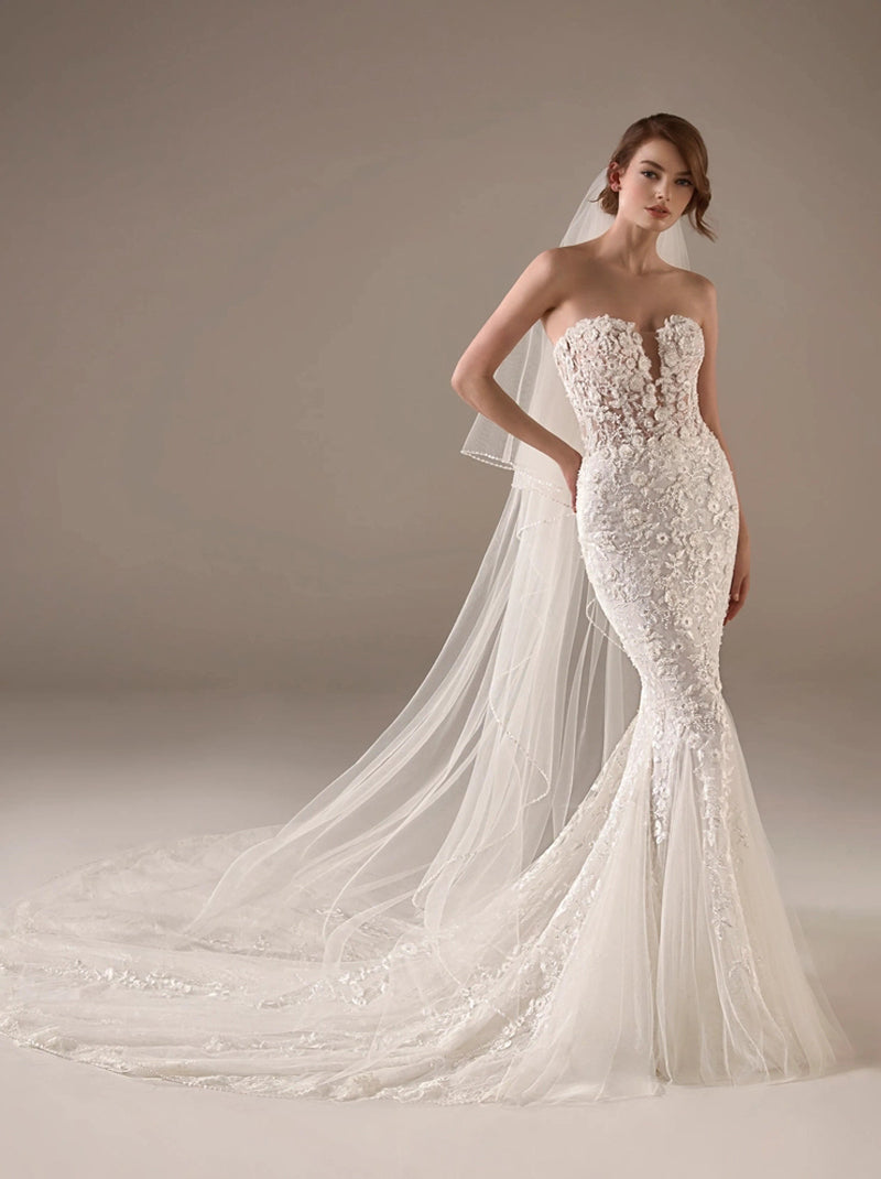 Gorgeous Mermaid Wedding Dresses Sweetheart Appliqued Tulle Sweep Train Bridal Gowns Custom Made