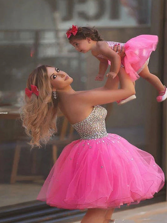 Smart Mother and Daughter Matching Pink A Line Sweetheart Beaded Crystals Lace up Mini Short Women Wear Homecoming Dresses Evening Prom Party Cocktail Dress for Mother Dress