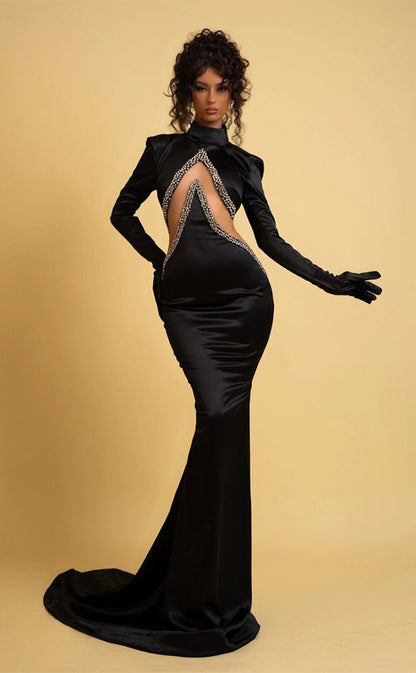 RP216-Black Trumpet High Neck Beads Long Sleeves Prom Evening Dresses Formal Party Gowns With Cut-Outs