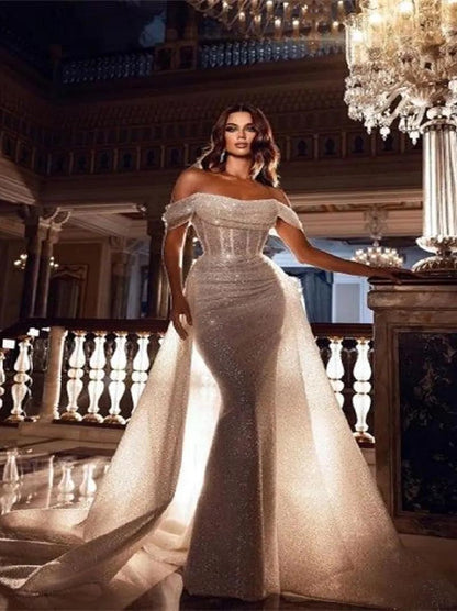 Sparkling Mermaid Wedding Dresses Off The Shoulder Sequins Cap Sleeves Sequins Detachable Court Train Bridal Gowns Custom Design