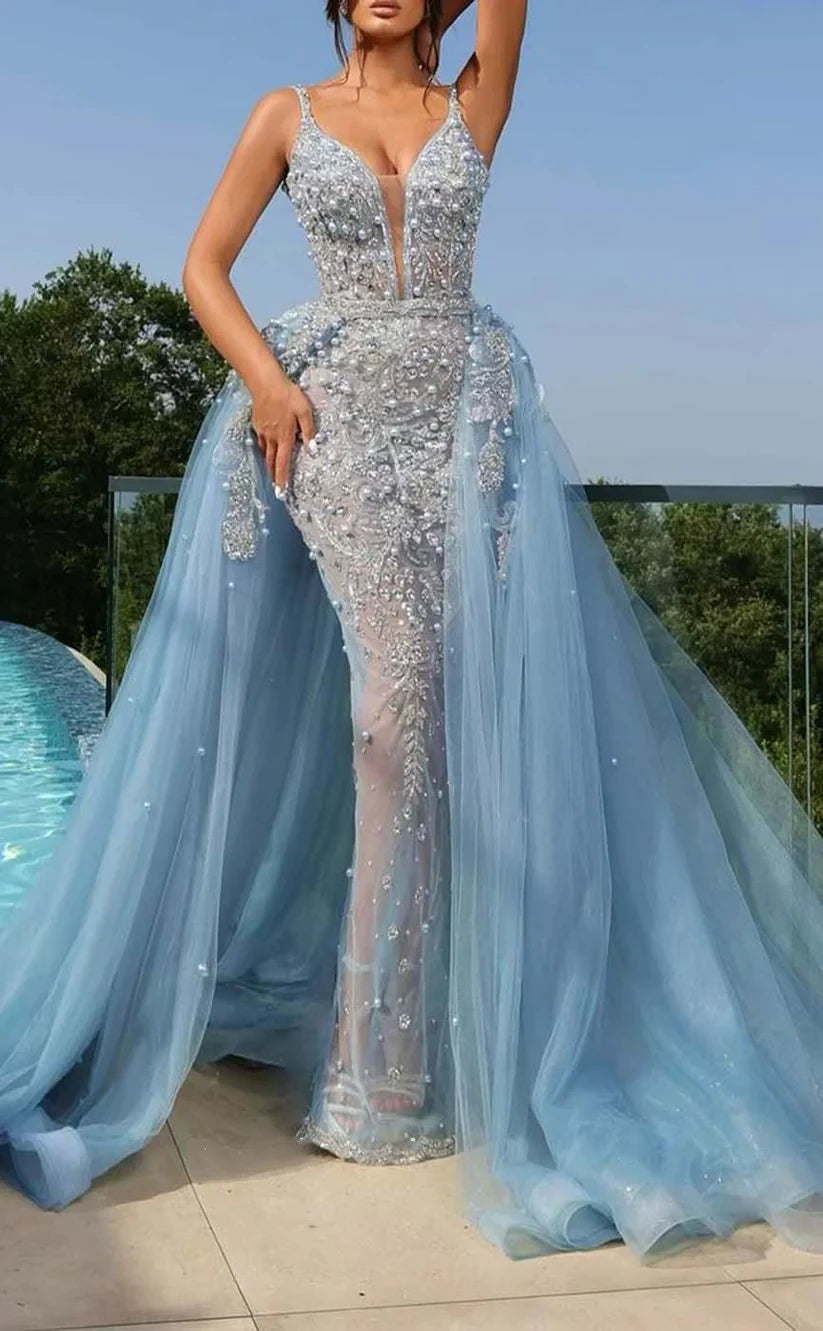 RP831-Sparkling Sky Blue Mermaid Spaghetti Appliqued Beads Pearls Sleeveless Long Prom Evening Dresses Formal Party Gowns With Train