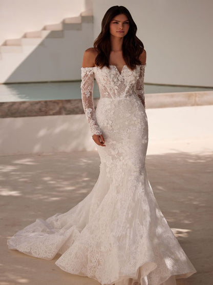 Luxurious Mermaid Wedding Dresses Off The Shoulder Appliqued Beads Long Sleeves Tulle Sweep Train Bridal Gowns