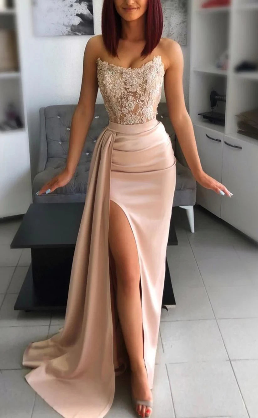 RP1794-Elegant Champagne Mermaid Sweetheart Appliqued Sleeveless Satin Prom Evening Dresses Formal Party Gowns With Slit