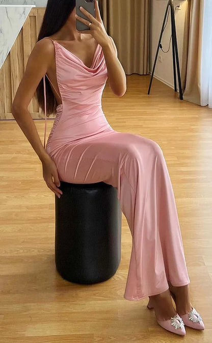 RP834-Sexy Pink Mermaid Spaghetti Ruched Sleeveless Long Prom Evening Dresses Formal Party Gowns With Slit