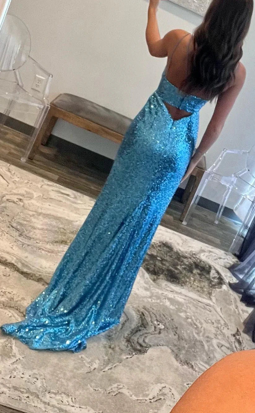 RP1793-Sparkling Sky Blue Mermaid Spaghetti Sequins Sleeveless Prom Evening Dresses Formal Party Gowns With Slit