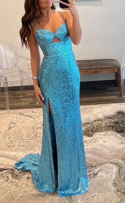 RP1793-Sparkling Sky Blue Mermaid Spaghetti Sequins Sleeveless Prom Evening Dresses Formal Party Gowns With Slit