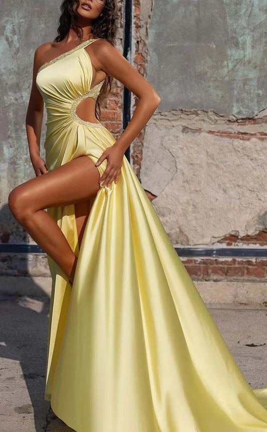 RP835-New Yellow Mermaid One Shoulder Ruched Beads One Long Sleeve Prom Evening Dresses Formal Party Gowns With Side Slit