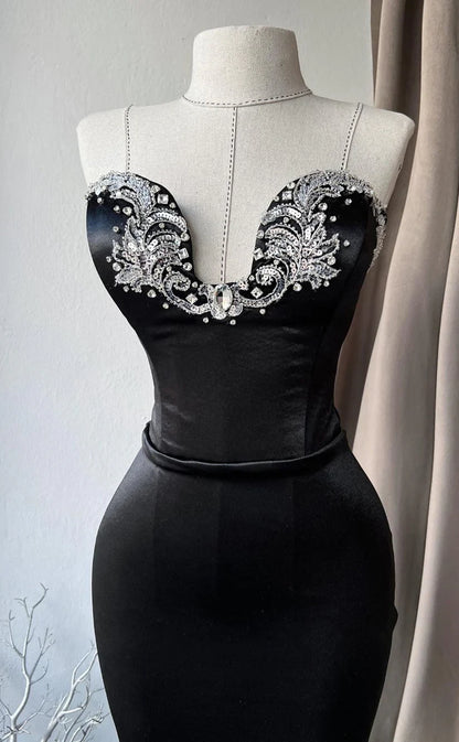 RP1792-Elegant Black Mermaid Spaghetti Ruched Appliqued Sleeveless Satin Prom Evening Dresses Formal Party Gowns With Train