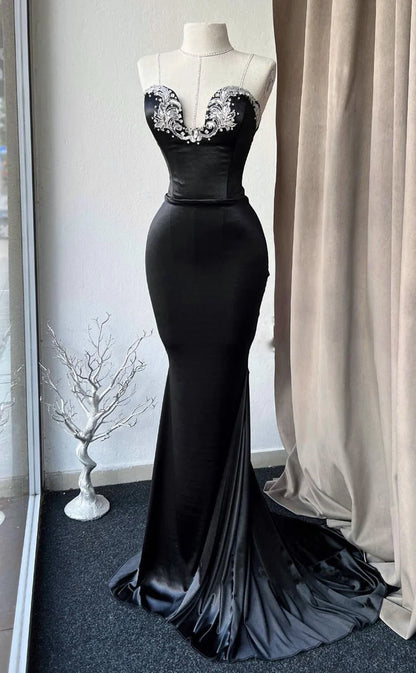 RP1792-Elegant Black Mermaid Spaghetti Ruched Appliqued Sleeveless Satin Prom Evening Dresses Formal Party Gowns With Train