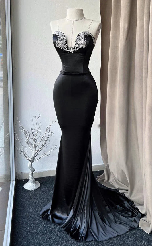 RP1792-Elegant Black Mermaid Spaghetti Ruched Appliqued Sleeveless Satin Prom Evening Dresses Formal Party Gowns With Train