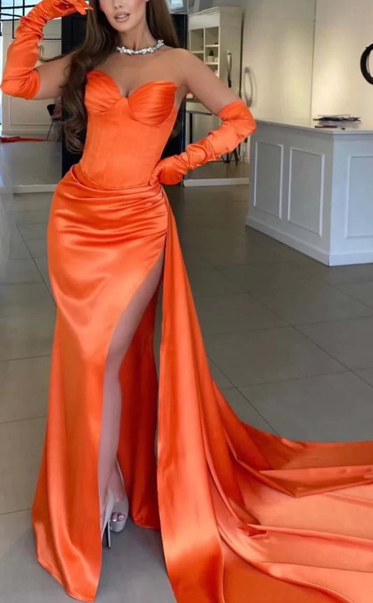 RP836-New Arrivals Mermaid Orange Sweetheart Ruched Long Prom Evening Dresses Formal Party Gowns With Slit