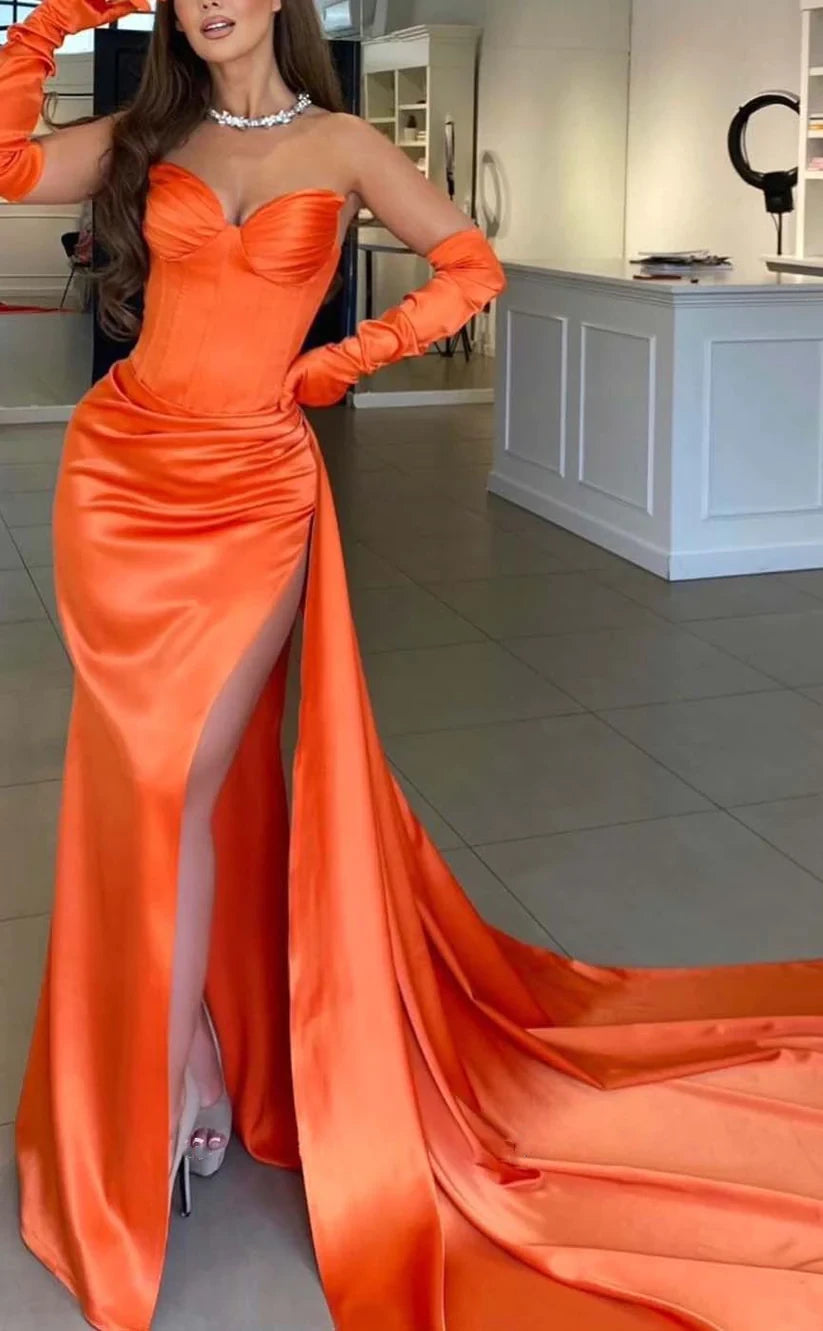 RP836-New Arrivals Mermaid Orange Sweetheart Ruched Long Prom Evening Dresses Formal Party Gowns With Slit