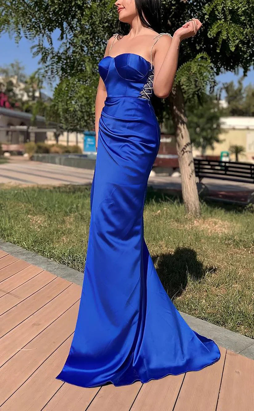 RP1789-Elegant Royal Blue Mermaid Spaghetti Ruched Sleeveless Satin Lace Up Prom Evening Dresses Formal Party Gowns With Slit