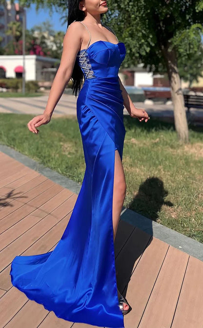 RP1789-Elegant Royal Blue Mermaid Spaghetti Ruched Sleeveless Satin Lace Up Prom Evening Dresses Formal Party Gowns With Slit