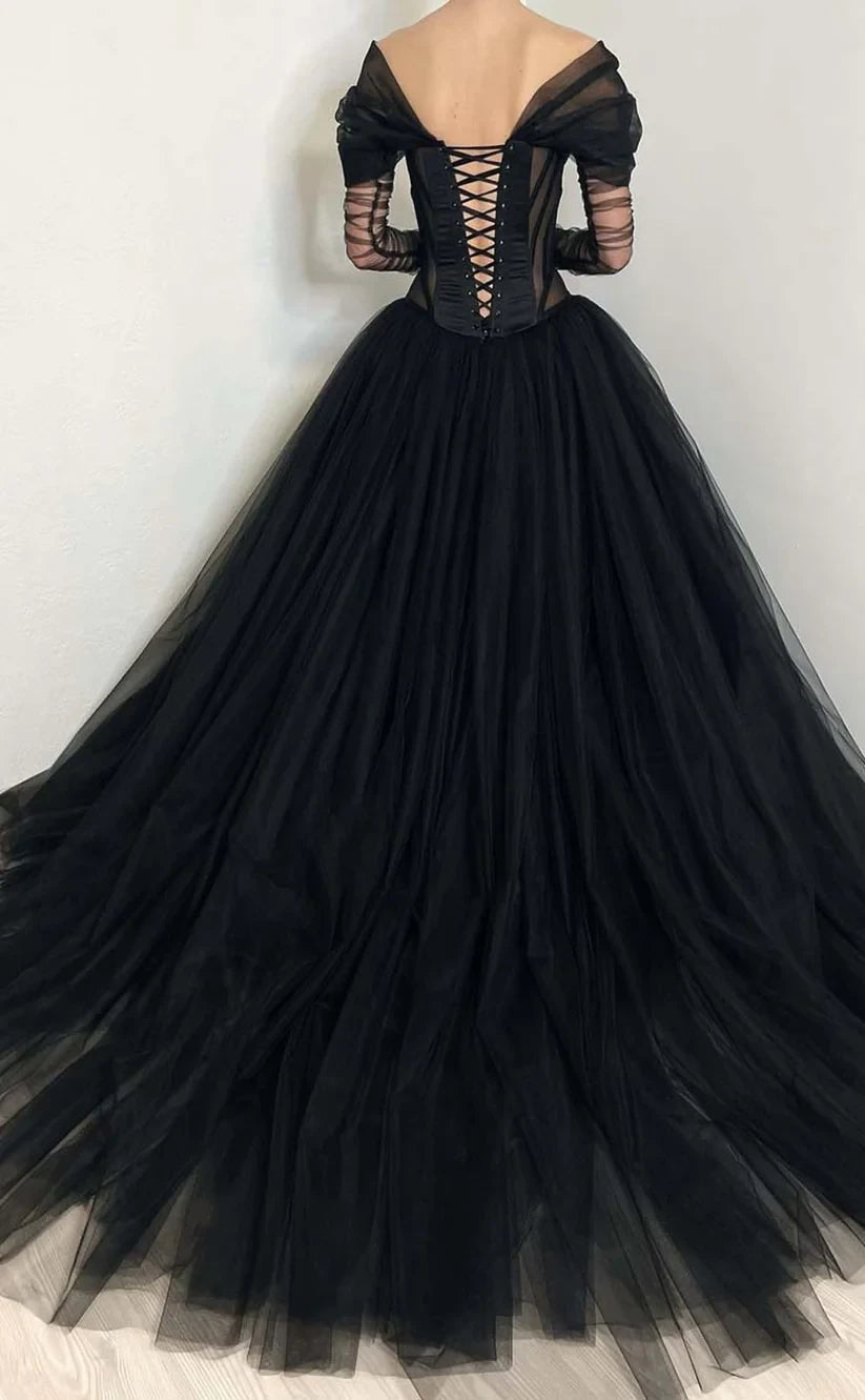 RP840-New Arrivals A-Line Black Off-the-Shoulder Long Sleeves Prom Evening Dresses Formal Party Gown