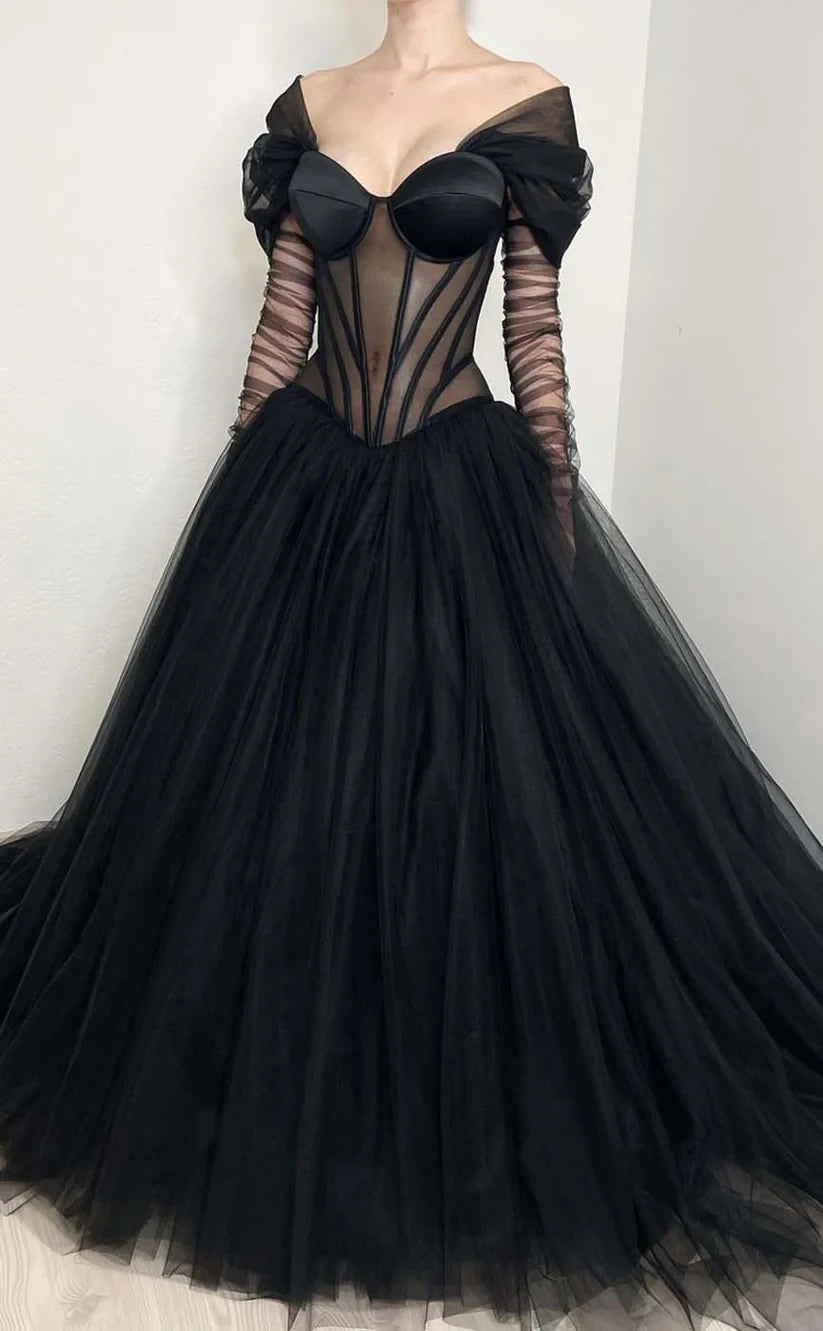 RP840-New Arrivals A-Line Black Off-the-Shoulder Long Sleeves Prom Evening Dresses Formal Party Gown