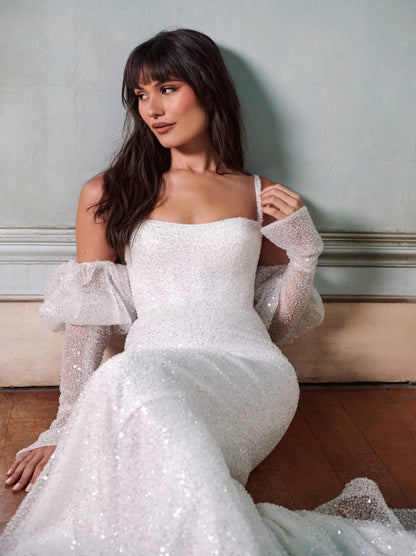 Sparkling Mermaid Wedding Dresses Spaghetti Sequins Tulle Sweep Train Bridal Gowns With Detachable Long Sleeves