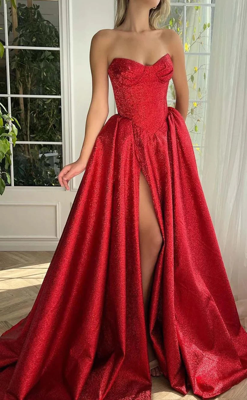 RP839-New Red A-Line Spaghetti Crystals Long Prom Evening Dresses Formal Party Gowns With Slit