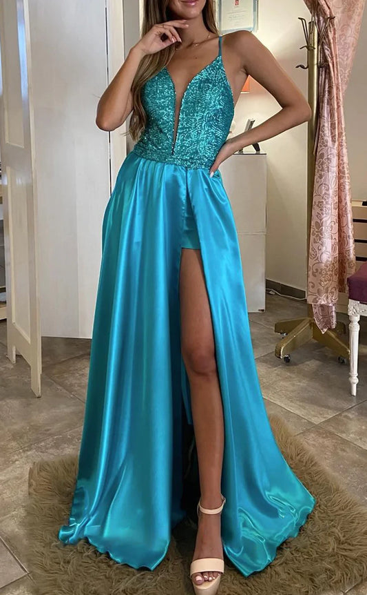 RP440-Charming A-Line Spaghetti Sequins Sleeveless Detachable Sweep Train Long Prom Evening Dresses Formal Party Gowns With Side Slit