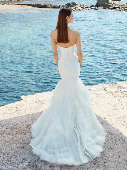 Simple & Elegant Mermaid Boho Wedding Dresses Strapless Pleated Ruffles Covered Buttons Satin Sweep Train Bridal Gowns