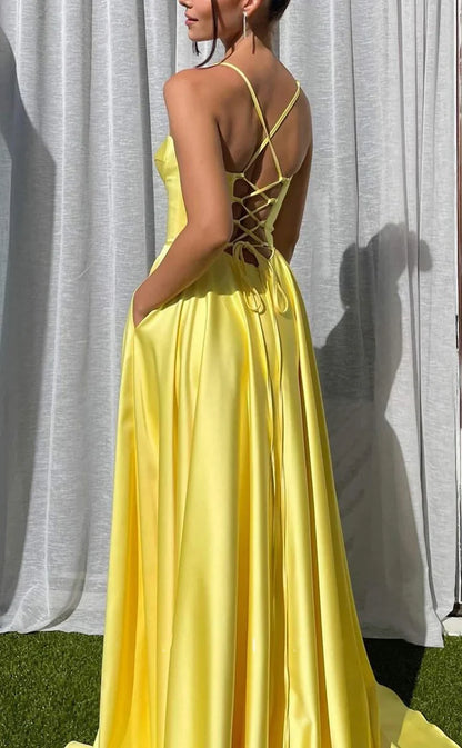 RP1801-Elegant Yellow A-Line Spaghetti Ruched Sleeveless Satin Prom Evening Dresses Formal Party Gowns With Slit