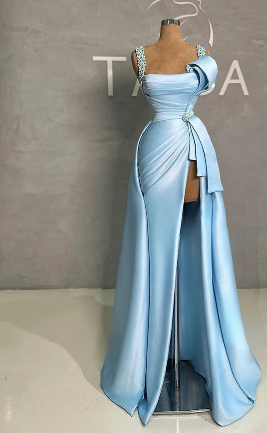 RP1802-Elegant Sky Blue A-Line Spaghetti Ruched Sleeveless Satin Prom Evening Dresses Formal Party Gowns With Slit