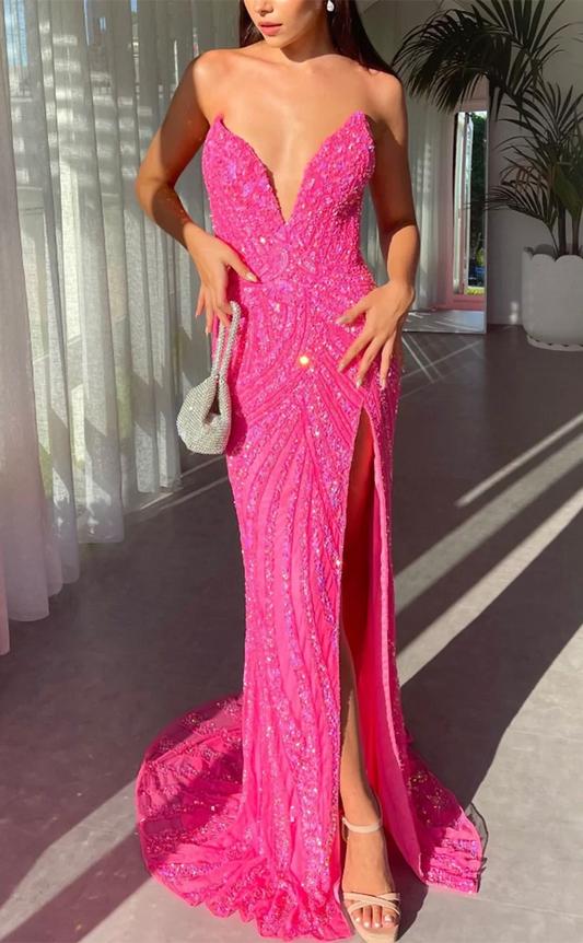 RP841-Sparkling Mermaid Sweetheart Beads Sequins Sleeveless Long Prom Evening Dresses Formal Party Gowns With Slit
