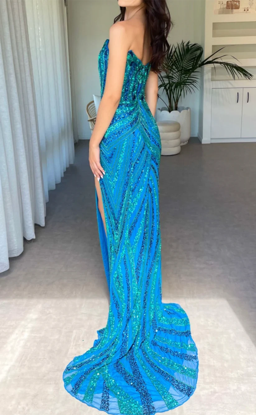 RP842-Sparkling Mermaid Sweetheart Beads Sequins Sleeveless Long Prom Evening Dresses Formal Party Gowns With Slit