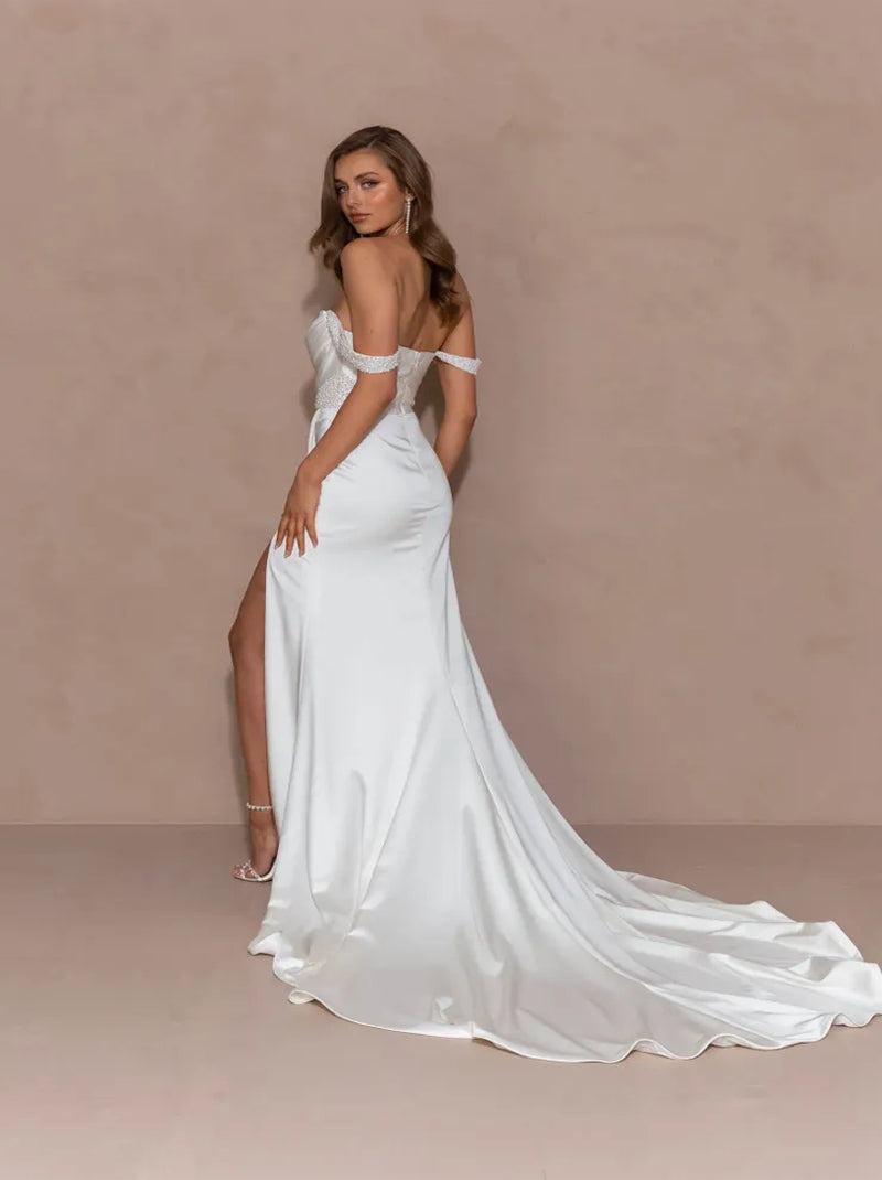 Elegant Mermaid Wedding Dresses Strapless Pleated Beads Satin Bridal Gowns Custom Made With Side Slit