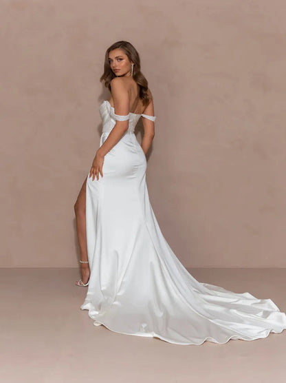 Elegant Mermaid Wedding Dresses Strapless Pleated Beads Satin Bridal Gowns Custom Made With Side Slit