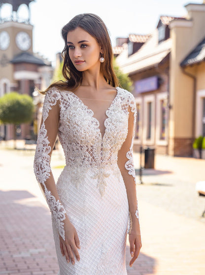 Gorgeous Mermaid Wedding Dresses V-Neck Appliqued Beads Long Sleeves Sweep Train Bridal Gowns Custom Made