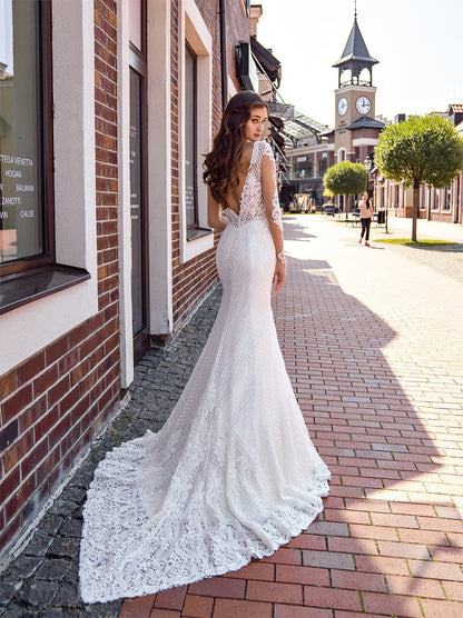 Gorgeous Mermaid Wedding Dresses V-Neck Appliqued Beads Long Sleeves Sweep Train Bridal Gowns Custom Made