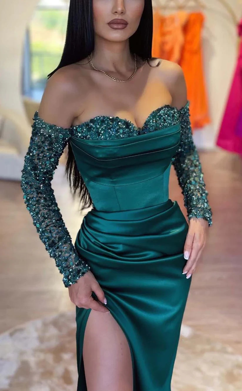 RP844-Elegant Green Mermaid Sweetheart Beads Sequins Long Sleeves Long Prom Evening Dresses Formal Party Gowns With Slit