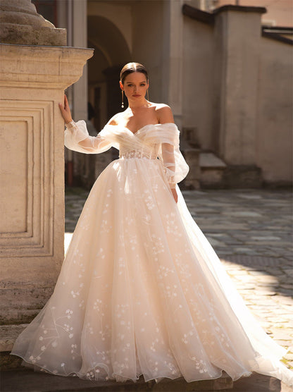 Elegant A-Line Wedding Dresses Sweetheart Detachable Long Sleeves Sweep Train Organza Bridal Gowns