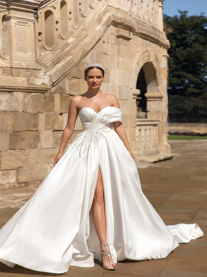 Modern A-Line Bridal Gowns Sweetheart Beads Cap Sleeves Satin Sweep Train Bridal Gowns With Slit