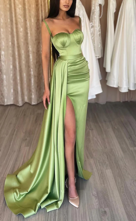 RP1806-New Olive Mermaid Spaghetti Ruched Sleeveless Satin Prom Evening Dresses Formal Party Gowns With Slit