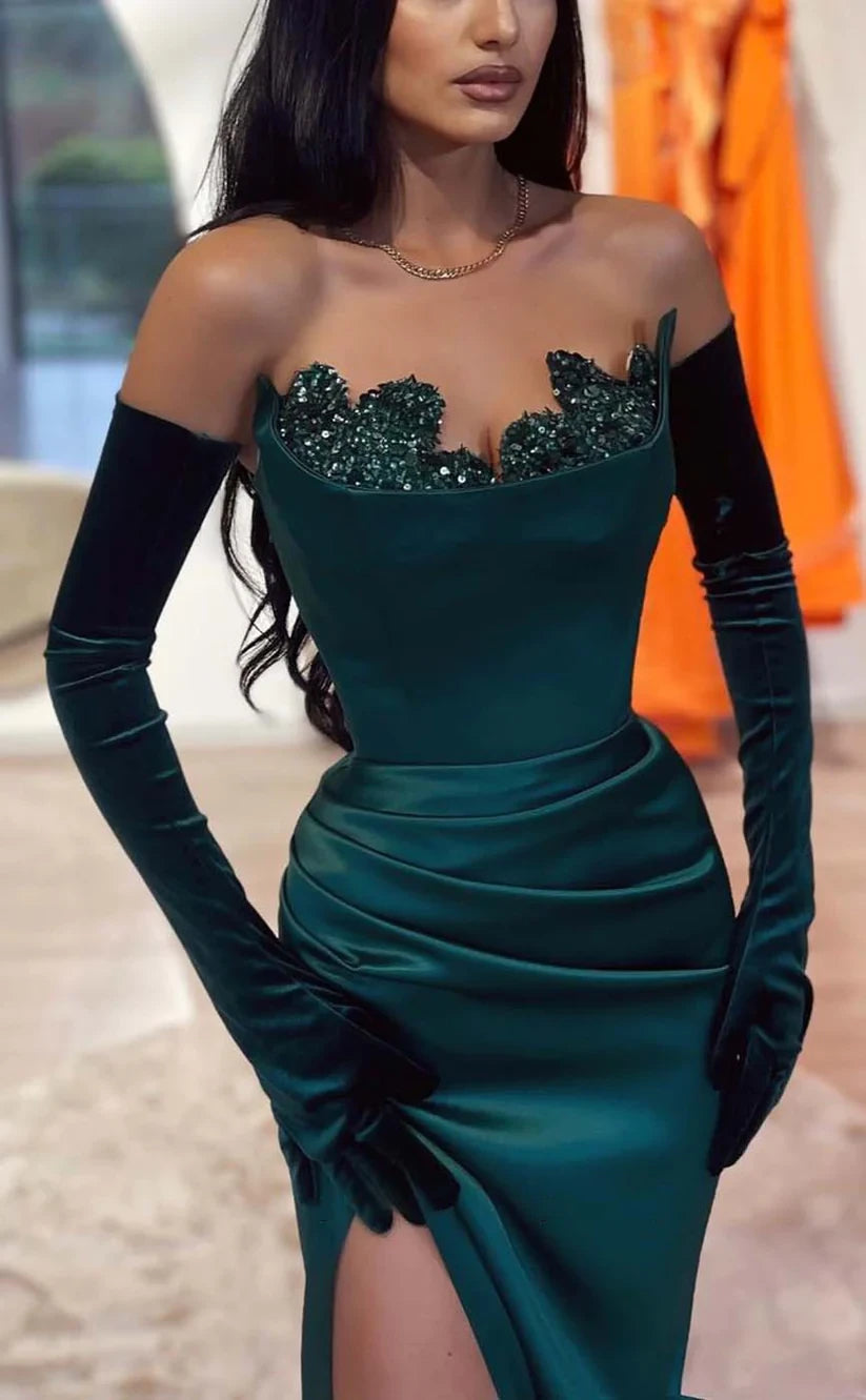 RP846-Elegant Green Mermaid Sweetheart Beads Long Sleeves Long Prom Evening Dresses Formal Party Gowns With Slit