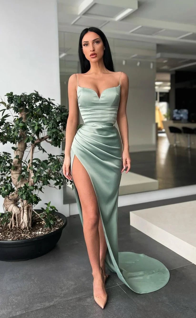 RP1807-New Mint Mermaid Spaghetti Ruched Sleeveless Satin Prom Evening Dresses Formal Party Gowns With Slit