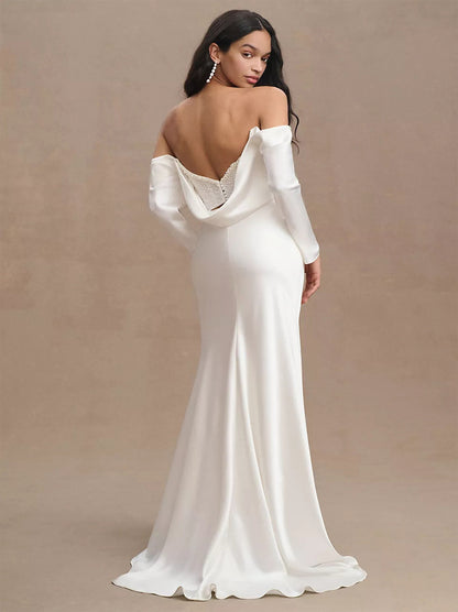 Elegant Mermaid Wedding Dresses Strapless Pleated Pearls Satin Bridal Gowns Custom Made With Detachable Long Sleeves