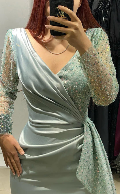 RP423-Elegant Mint Mermaid V-Neck Beads Sequins Long Sleeves Floor Length Prom Evening Dresses Formal Party Gowns