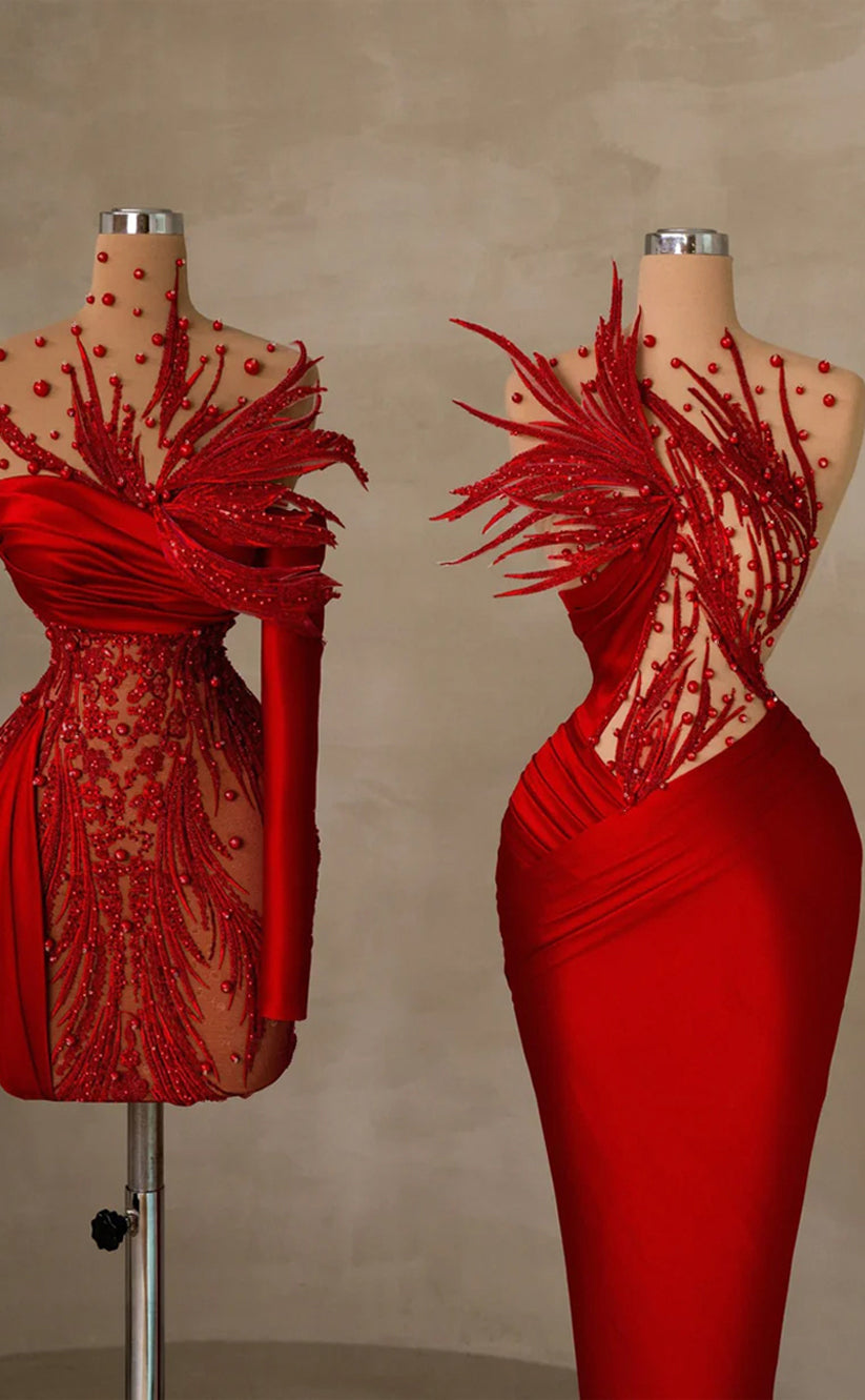 RP218-Red Trumpet Sheer Neck Beads Feather Long Prom Evening Dresses Formal Party Gowns With Pleated